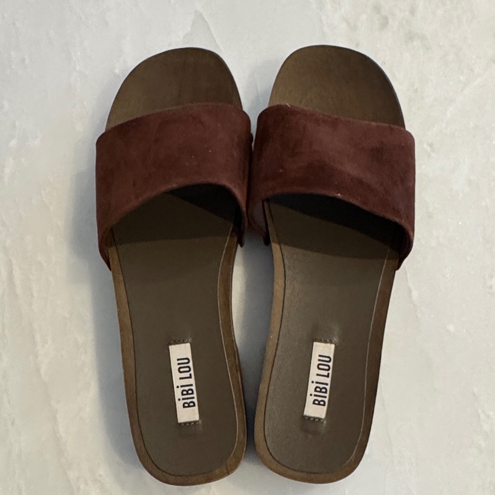BiBi Lou brown leather wooden slides